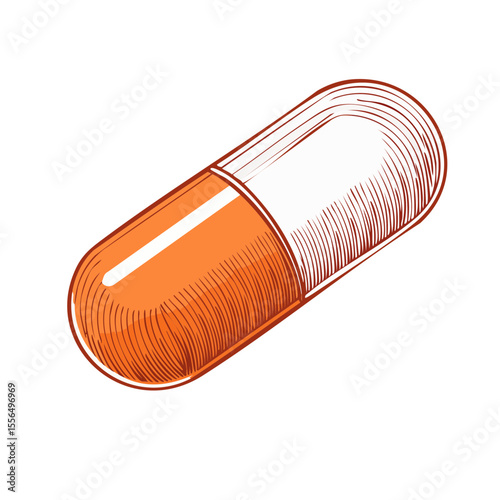 Orange and white capsule illustration medicine healthcare treatment pharmaceutical drug remedy disease illness supplement single object isolated