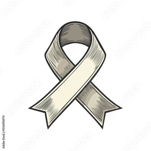 Engraved Ribbon Illustration, Awareness Symbol on Black Background, Support Graphic Element