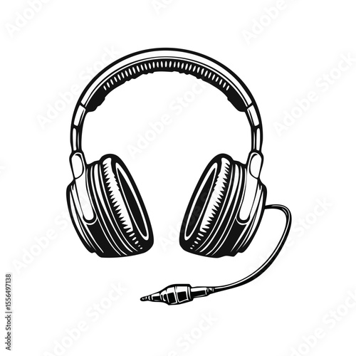 Headphones illustration in black and white. Music headset with audio cable for listening, entertainment, and DJ audio equipment. Earphones graphic style.