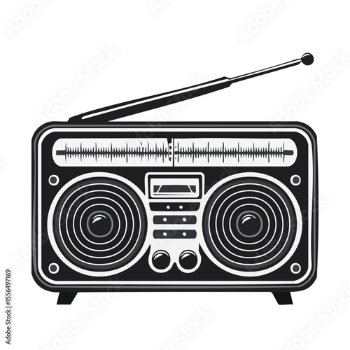 Vintage Radio Boombox Illustration with Antenna and Speakers on Black Background