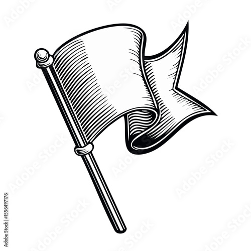 White flag waving illustration monochrome concept of surrender or starting point for a race or new beginning