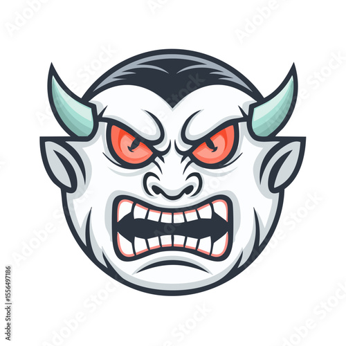 Cartoon Vampire Face Vector Illustration Angry Devil with Horns and Fangs Isolated on Black