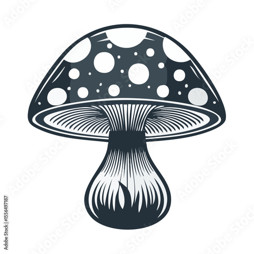 Illustration of Mushroom with White Spots on Dark Background in Cartoon Style