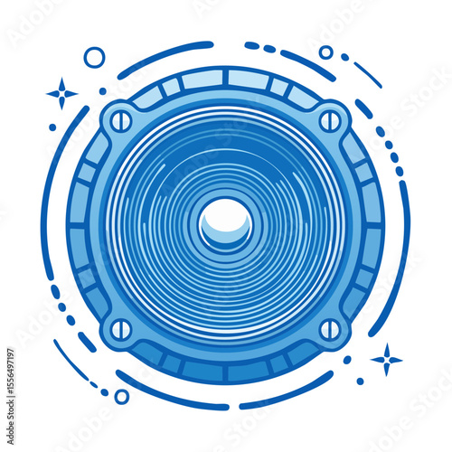 Stylized Blue Speaker Illustration with Geometric Details and Sparkle Accents on Black Background
