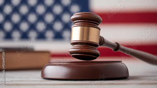 Gavel in Focus: Justice & Nation.  The wooden gavel sits against the backdrop of an unfocused flag, representing law and order in the United States.