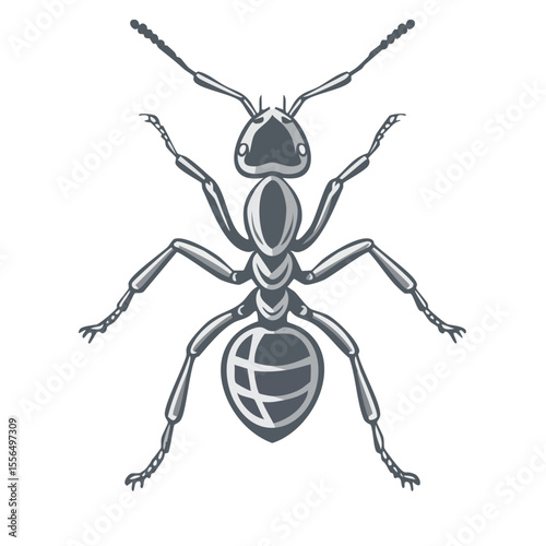 Ant illustration in gray scale shows a design insect and arthropod on black background.  Detailed anatomy and simplistic design show the insect biology.
