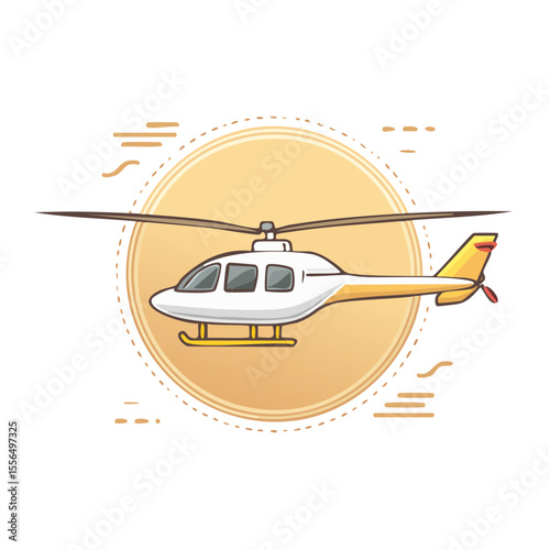Illustration of a White and Yellow Helicopter in Flight with Circular Background and Decorative Lines