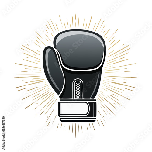 Illustration of a Black Boxing Glove with Golden Rays Isolated on Black Background