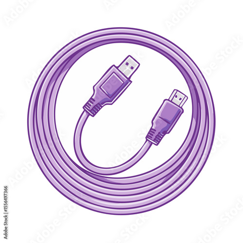 Purple HDMI and USB cables coiled in a circle for electronics connection and data transfer featuring modern technology isolated on black