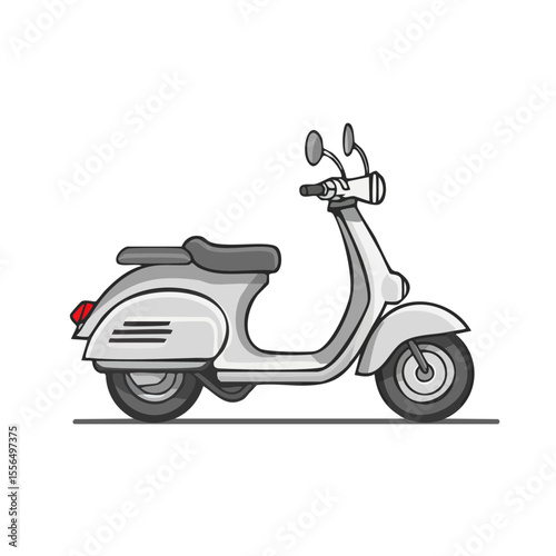 Cartoon illustration of a vintage gray scooter on black background. Classic Italian motorbike artwork for transport design and retro themes