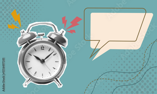 Halftone collage banner template with vintage alarm clock and empty speech bubble in retro comic style, ideal for pop art posters, announcements, messages and design layouts