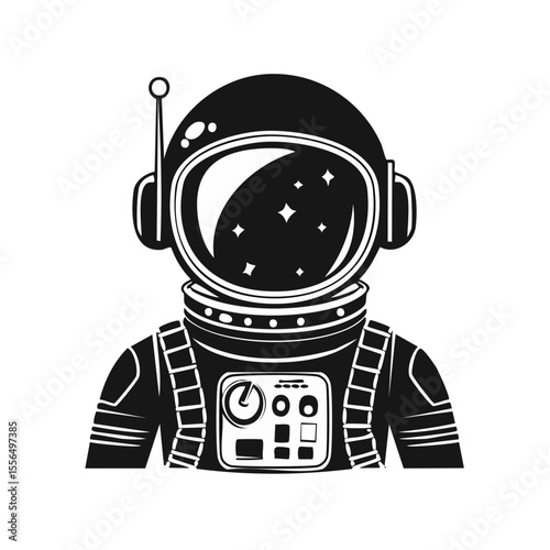 Retro astronaut with helmet and cosmic sky in the visor, black and white graphics