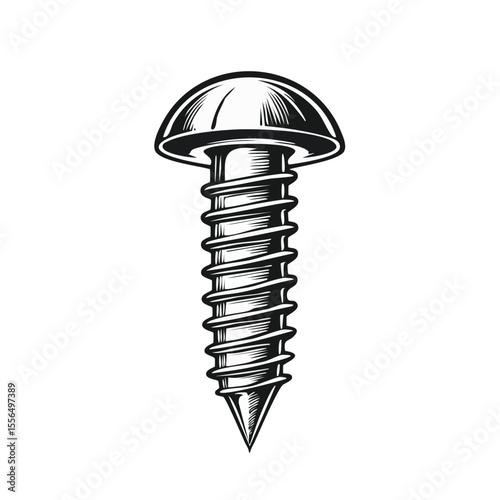 Single Illustration of an Isolated Metal Screw with Thread against a Black Background