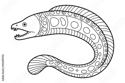 Ornate eel, stylized design, black and white.
