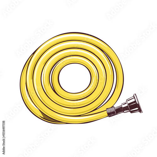 Cartoon Style Yellow Water Hose Coiled with Nozzle on Black Backdrop