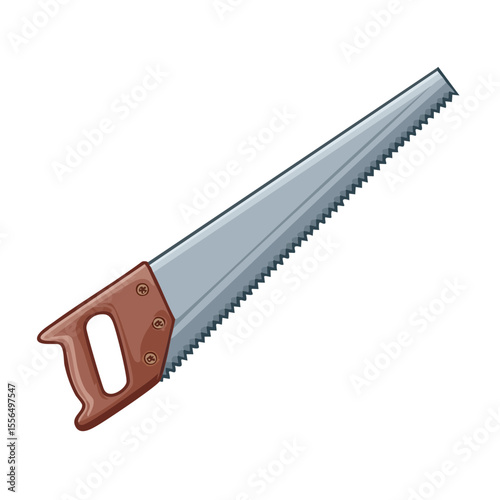Cartoon illustration of a hand saw with a wooden handle against a black backdrop