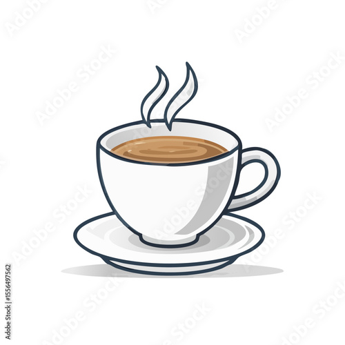 Stylized Hot Coffee or Tea Illustration in a White Cup and Saucer with Steaming Liquid