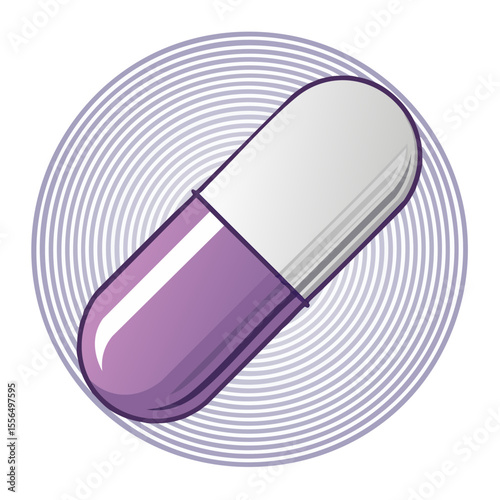 Medical Capsule Illustration Purple and White on Circle Design Health Treatment Medication Pills