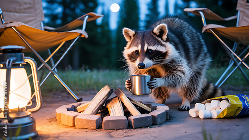Raccoon by campfire, enjoying marshmallows.
