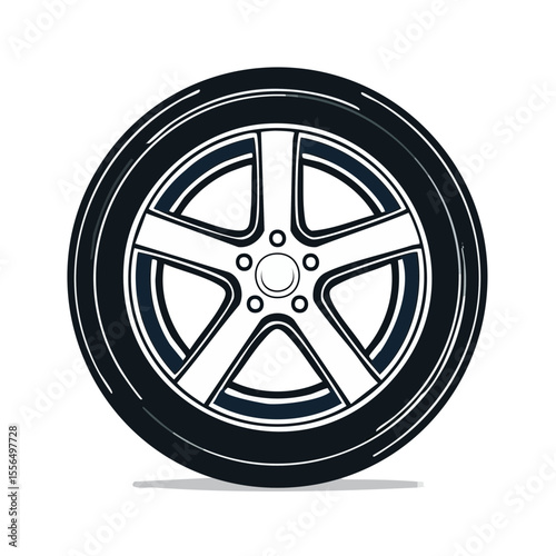 Tire and Rim Illustration: White Star Design on Black, Automotive Part Concept