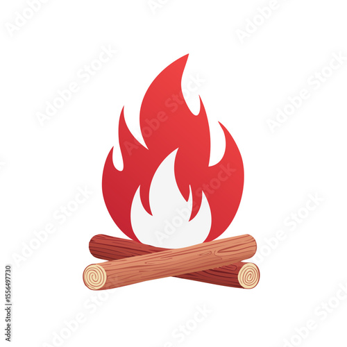 Stylized bonfire illustration with flames on logs for camping or survival graphics and designs and simple backgrounds
