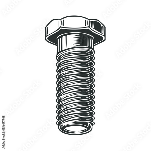 Hex Bolt Illustration on Black Background, Threaded Fastener Detail, Engineering Hardware