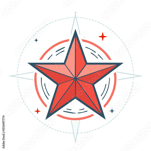 Five-Pointed Red Star Nautical Compass with Outer Circle Dotted Design on a Dark Background A Retro Adventure Symbol