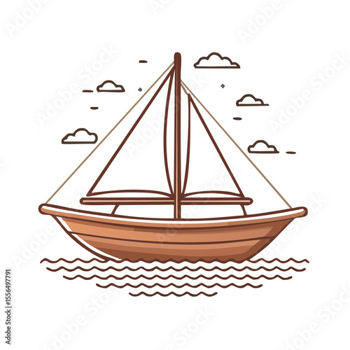 Minimalist sailboat sailing in ocean under starry sky vector illustration yachting marine sea nautical travel clouds graphic style