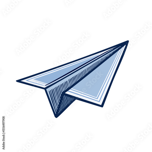 Paper airplane drawn in blue with hatching, concept for startup, freedom, innovation, travel