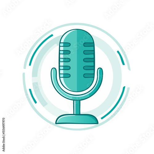 Teal Microphone Icon for Podcast Recording in Round Frame Vintage Style Radio Voice Broadcast Audio Equipment Cartoon