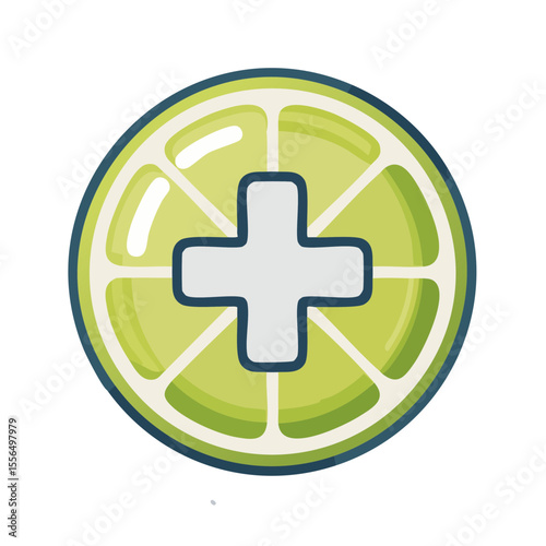 Lime slice with cross sign in the middle representing healthcare or pharmacy icon, vector illustration on black background