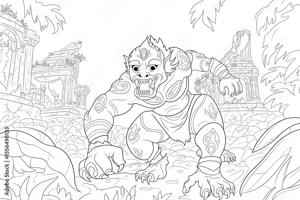 Naklejka premium A large ape crouches, ready to pounce in a jungle setting.