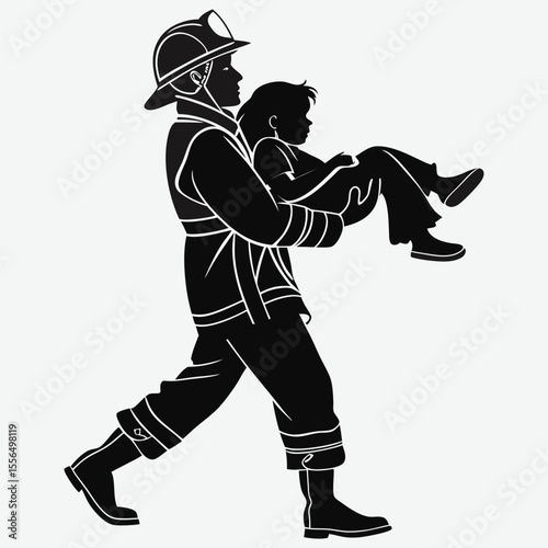 A firefighter carrying a rescued child image silhouette design vector art and illustration