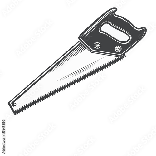 Isolated hand saw illustration in black and white. Carpentry tool for sawing wood, construction equipment with handle and sharp blade.