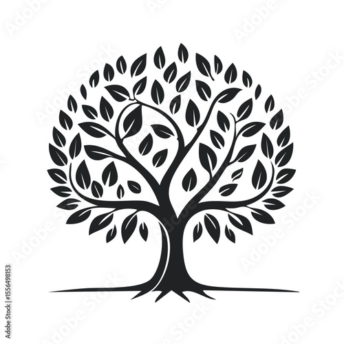 Stylized Deciduous Tree Silhouette with Branches and Leaves on a Black Background