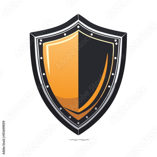 Stylized shield icon half gold and black isolated on black background
