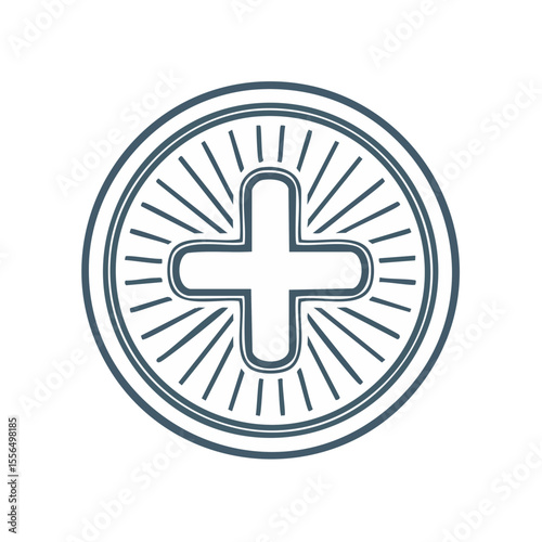 Medical plus symbol in circular frame with radial lines simple design illustration healthcare concept plus sign health icon