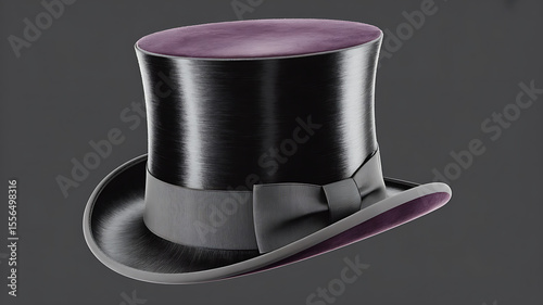 Elegant black top hat with purple velvet lining and gray bow.
