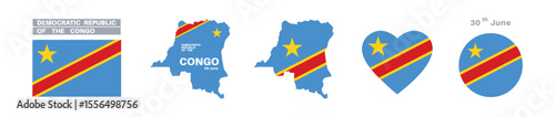 democratic republic of the congo flag and map set. flag in official colors and proportions. independence day 30 june, map, circle and heart shaped congo