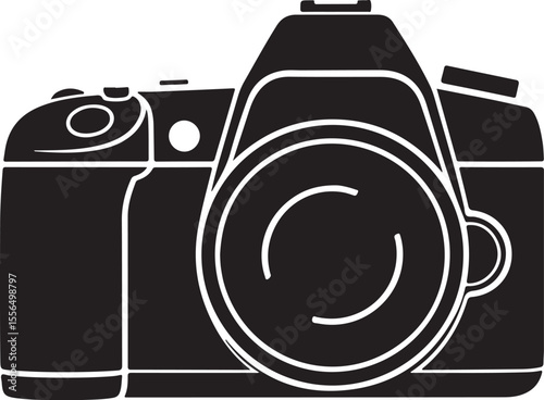 Modern dslr camera with lens and flash in a clean black silhouette