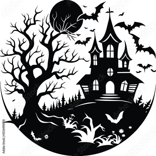 Spooky haunted house vector with bats, a gnarled tree, and a full moon for a scary Halloween night illustration