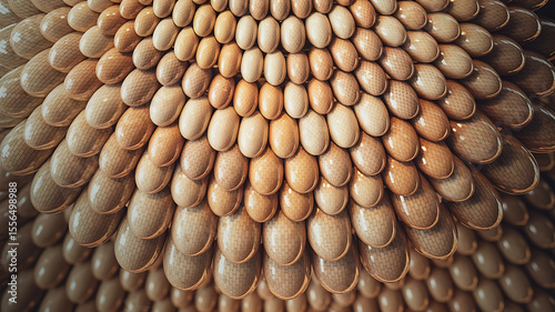 Close-up of many light brown, oval shapes, overlapping in a pattern.