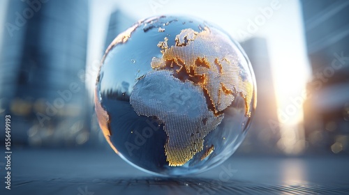 Global connectivity represented by a transparent globe amidst modern architecture.