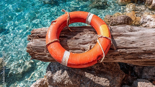 Life Preserver on Beach. A red and white life preserver sits on a weathered log by the ocean, ready for any emergency situation. The azure water is calm and inviting.