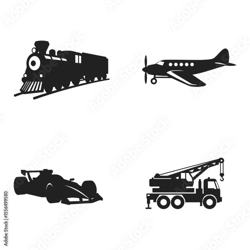 Black and white silhouettes of various transport vehicles including a train airplane race car and crane truck