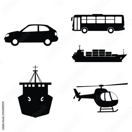 Black silhouette transportation icons set including a car bus cargo ship passenger ship and helicopter on a white background