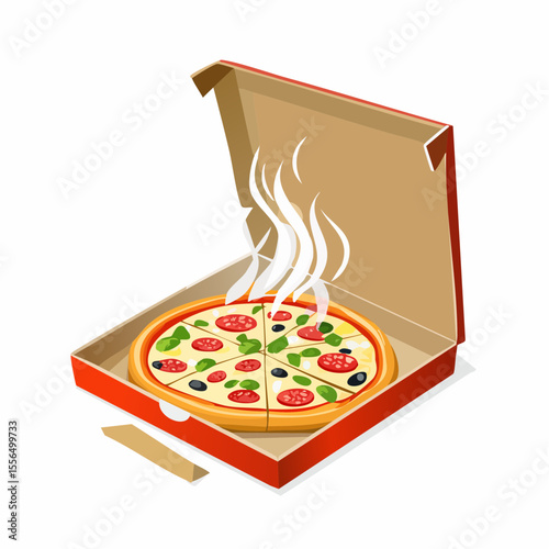 A pizza box half-open with steam rising
