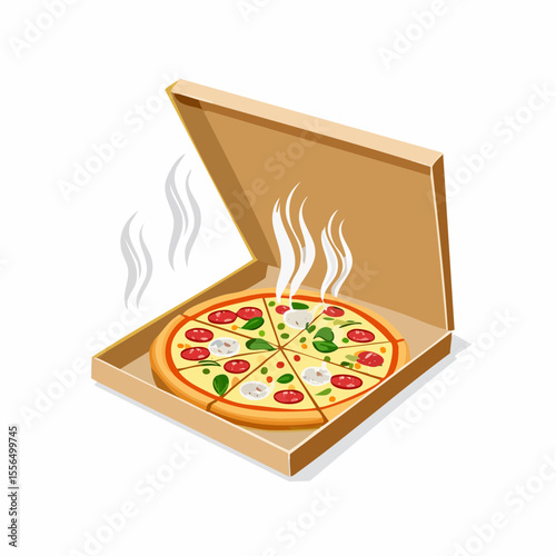 A pizza box half-open with steam rising
