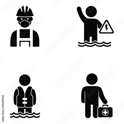 Safety and emergency icons representing construction hazards electrical danger life preservers and first aid