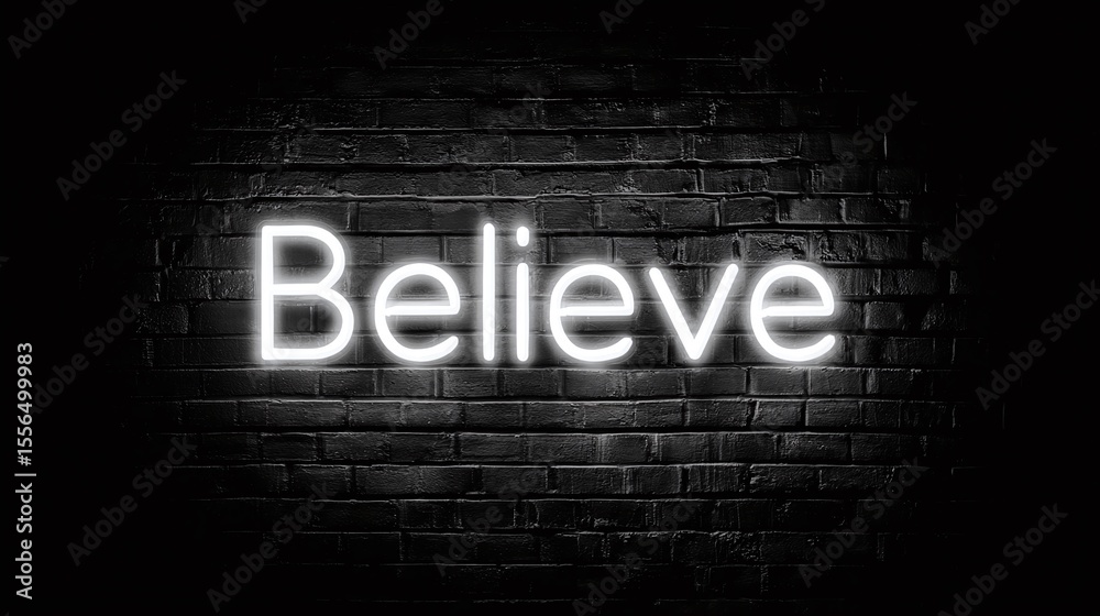 Illuminated by inspiration, a neon 'Believe' glows against a dark brick wall, a testament to hope and inner strength in the face of adversity. Illuminated by inspiration, a neon 'Believe' glows against a dark brick wall, a testament to hope and inner strength in the face of adversity.